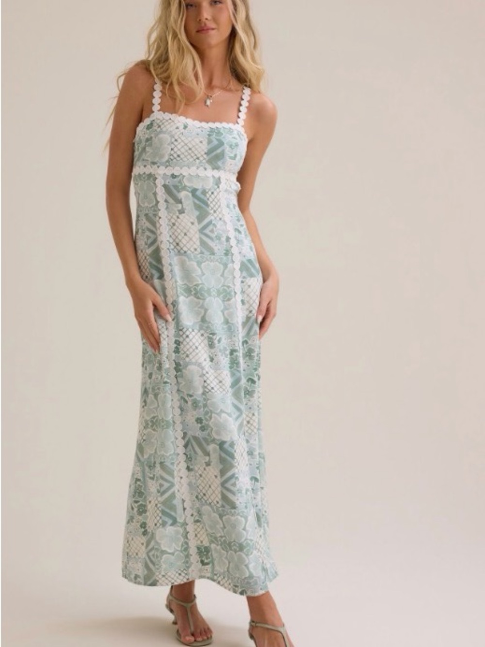 Altar'd State Sage & White Patchwork Maxi Dress with Crochet Straps